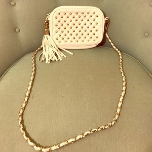 White and gold studded satchel handbag